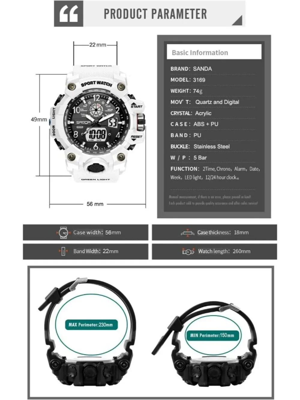 Men's All White Analog Quartz Sports Waterproof Military LED Digital Wrist Watch